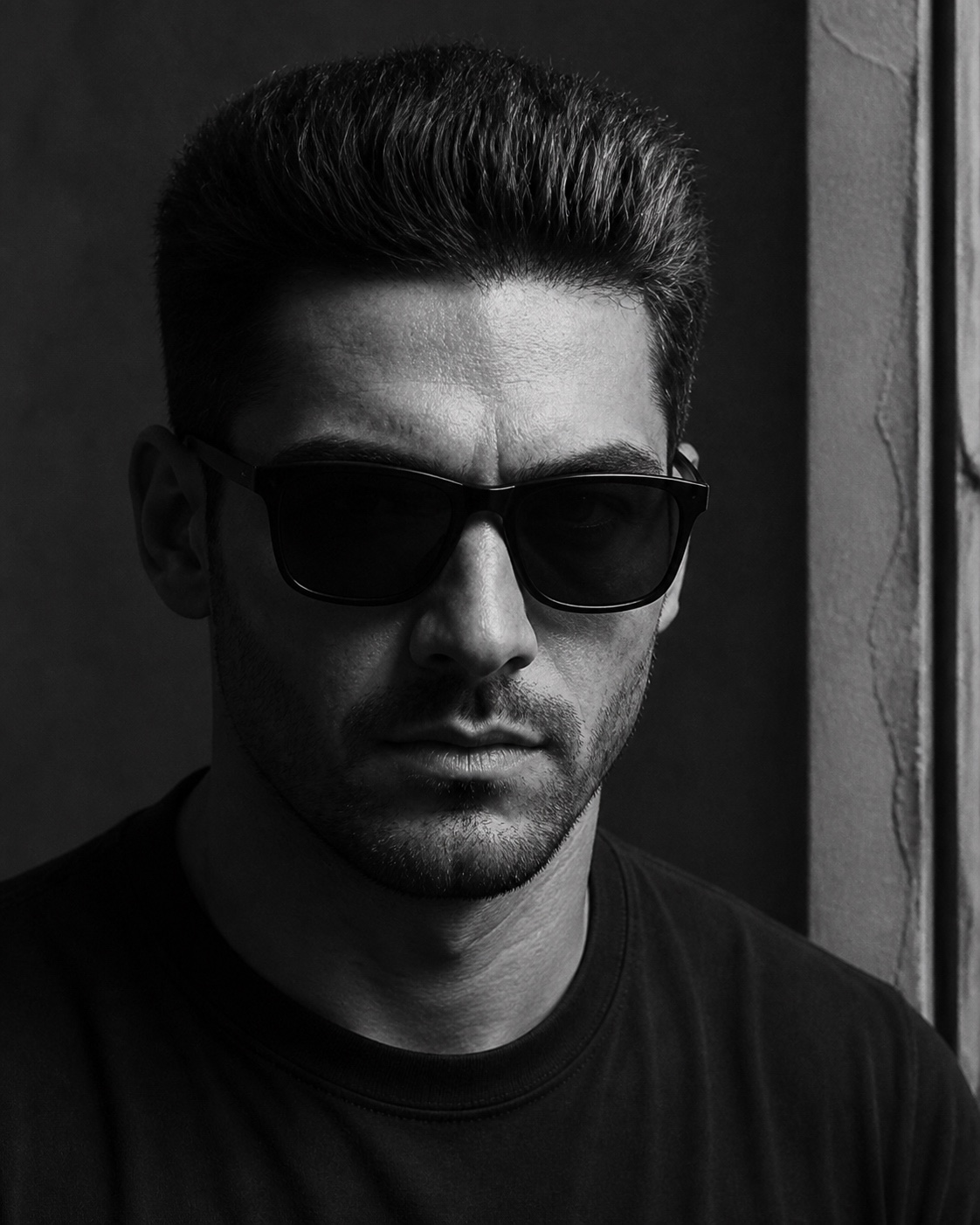 Eddie Platinum in black sunglasses, photographed in monochrome.