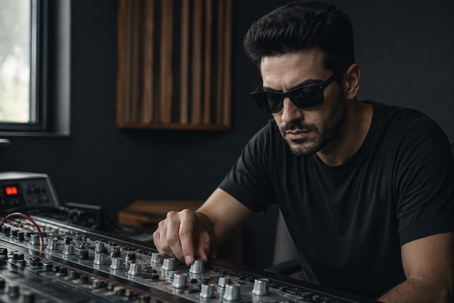 Eddie concentrating on a silver mixing console in the studio.