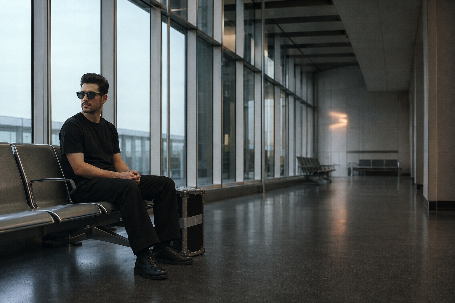 Eddie in a quiet terminal beside his silver-taped flight case.