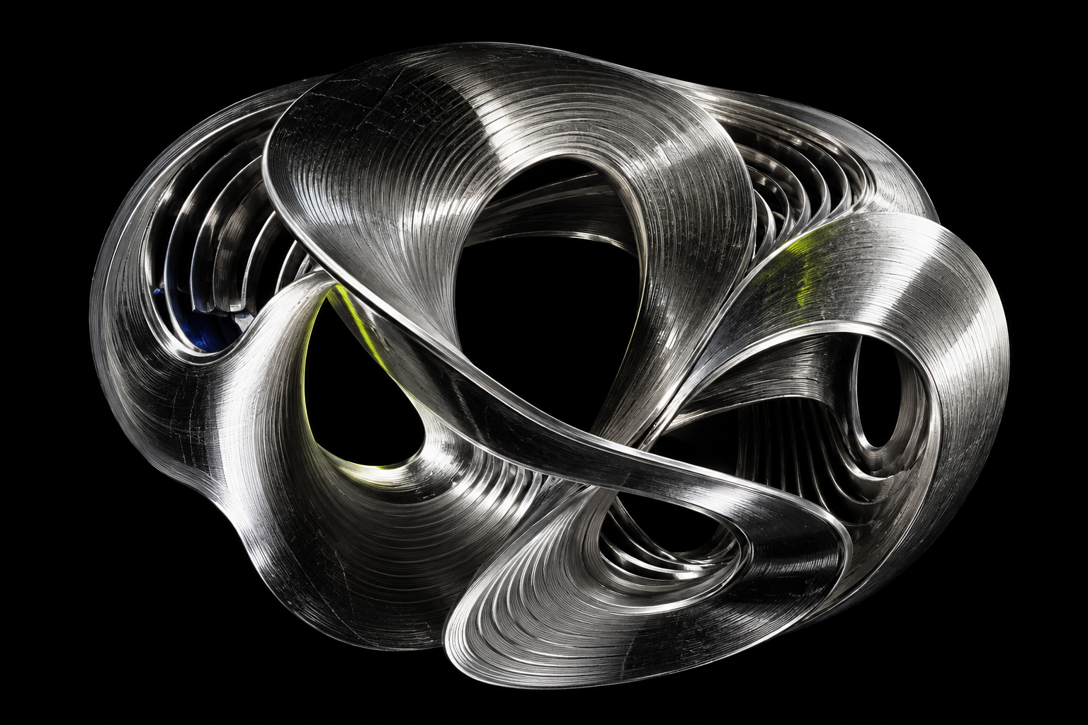 A platinum record folded into a grooved, impossible sound sculpture.